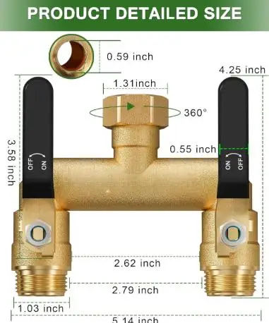 

Brass Two Way Valve with Vertical 90 Degree Outer Thread for Reduced Stress on Garden Hose Connectors and Timers