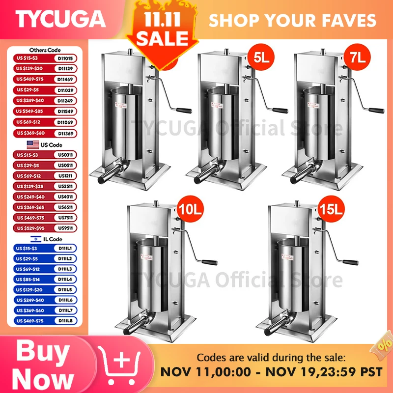 Embutidora de salchichas de acero inoxidable de 3/5/7L, máquina de llenado de carne Vertical para hacer salami, fabricante de salchichas de tubo Manual para el hogar con 4 boquillas