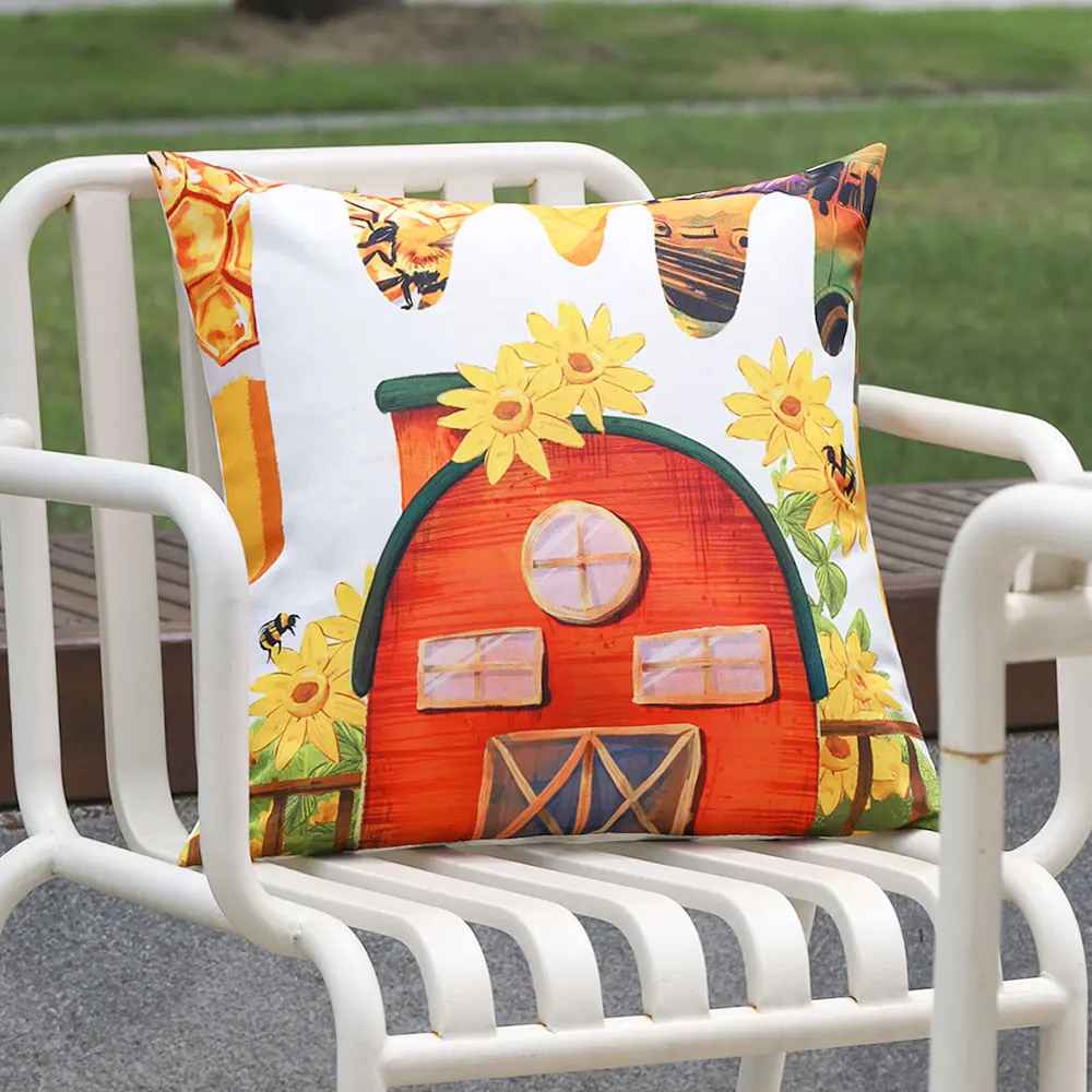 Summer Cartoon Print Pillow Cover 45x45 Outdoor Waterproof Cushion Cover for Couch Sofa Sunflower Car Bees Decorative Pillowcase