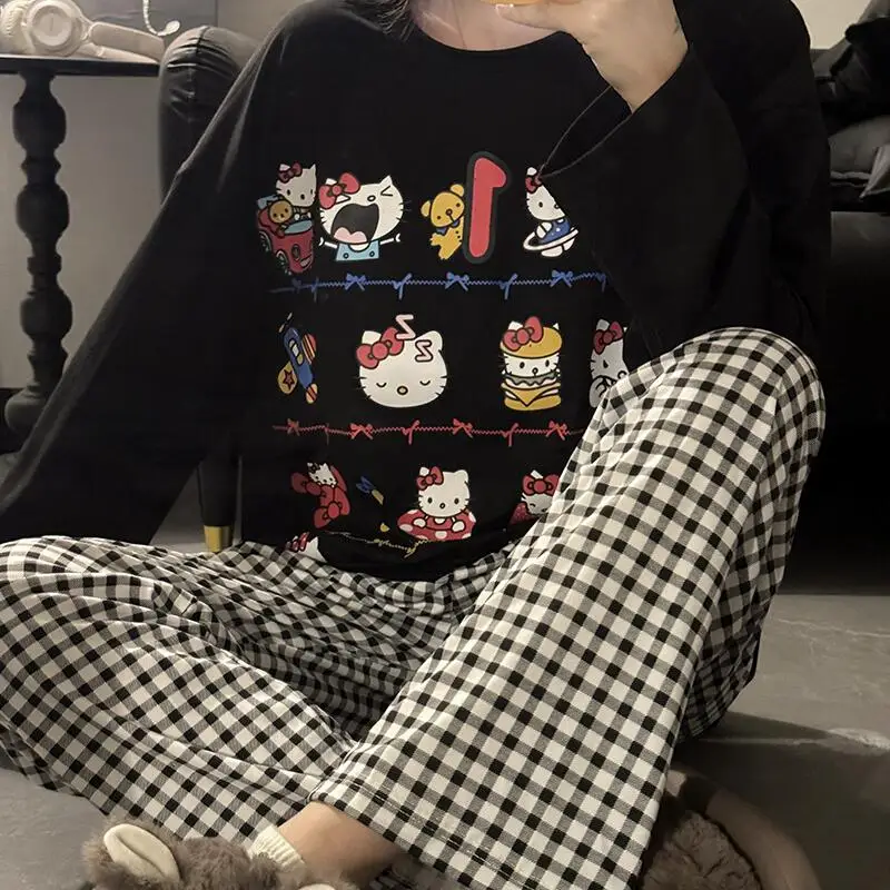 Camiseta de dibujos animados de Hello Kitty para mujer, pantalones de manga larga para chica encantadora, ropa cómoda Kawaii para el hogar, pijamas informales para adolescentes