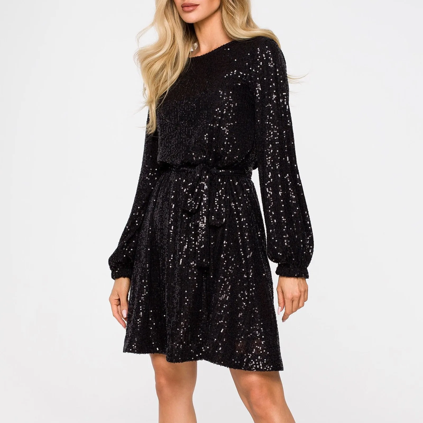 

Women Sequin Midi Dress Elegant Puff Long Sleeve Round Neck With Belt Sparkly Glitter Mini Dress Loose Wedding Cocktail Party