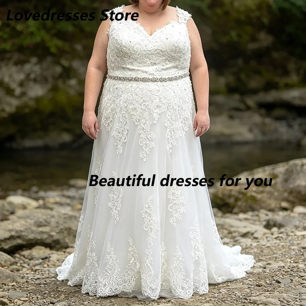 Elegant Plus Size Wedding Dress Customized V-Neck Lace Applique Tulle A Line Long Crystal Belt Wedding Party Dresses Bridal Gown