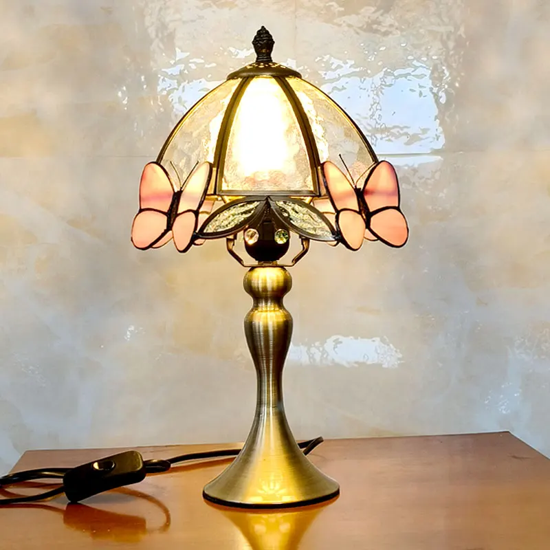 French Retro Style Table Lamp LED Butterfly Decoration Glass Lampshade Living Room Bar Bedroom Dining Hall Restaurant Desk Light