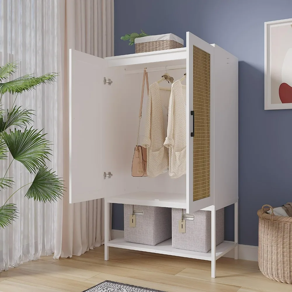 Wardrobe with 2 doors, rattan bedroom wardrobe with hanging poles, self-supporting wooden wardrobe with shelves, white