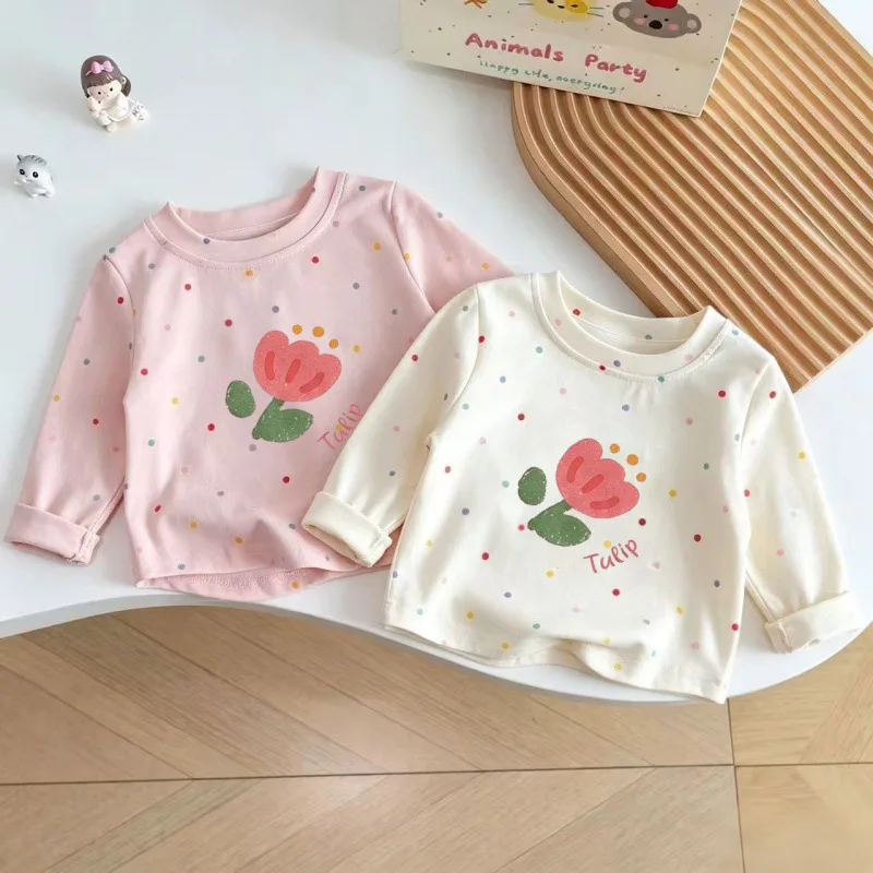 Girls Cotton Polka Dot Long Sleeve T Shirt New Fall Round Neck Medium Small Girls Stylish Versatile Top Undershirt