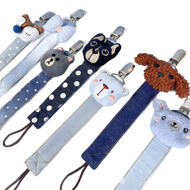 1PC Baby Jean Pacifier Clips Soft Denim Stip Pacifier Holder with Lovely Plush Toys Dummy Strap Soother Clip for Toddlers