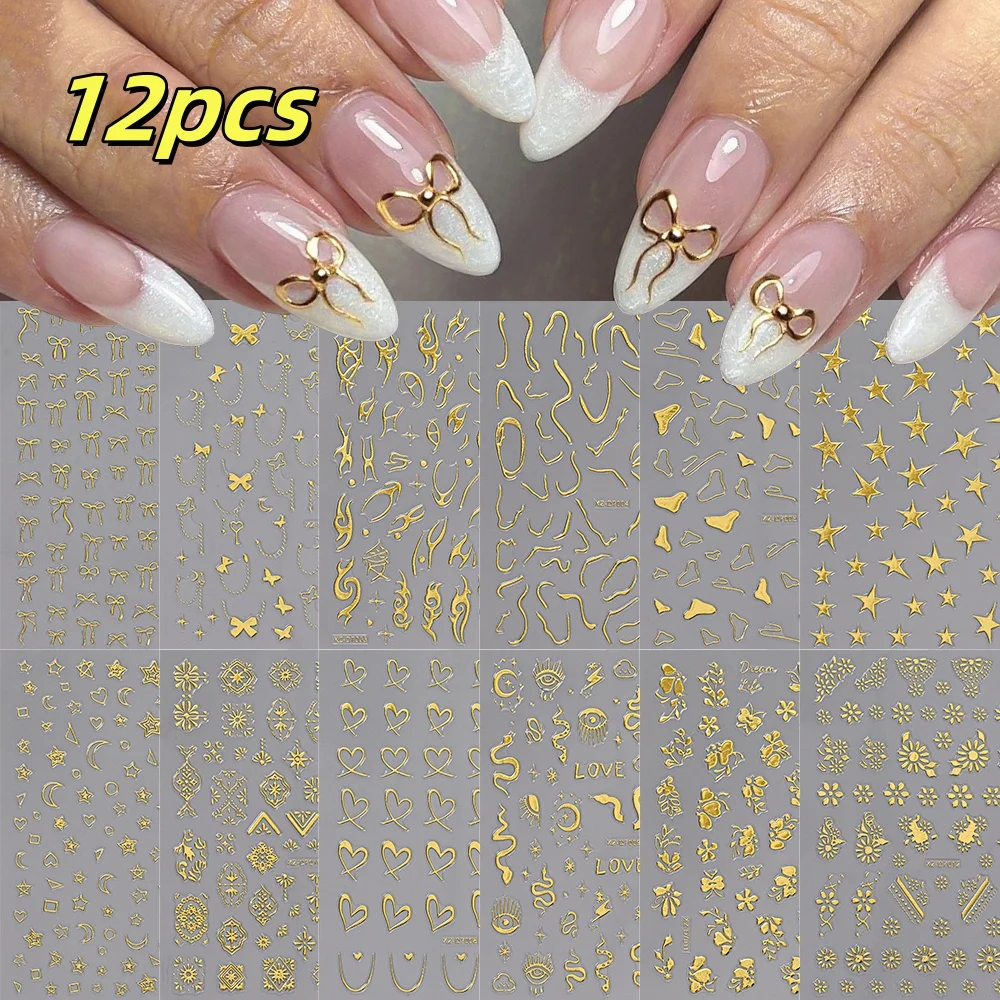 12 Uds. Deslizadores de uñas con corazones y pentagramas geométricos 3D, pegatinas metálicas para decoración de uñas, adhesivo con acabado de espejo dorado y plateado para manicura DIY
