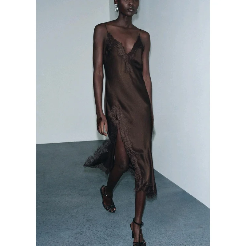 Raso di seta Feel Lace Strapl V-Ne Dr Gonna asimmetrica a vita alta a trapezio Fibra di poliestere No Sve Dr da donna