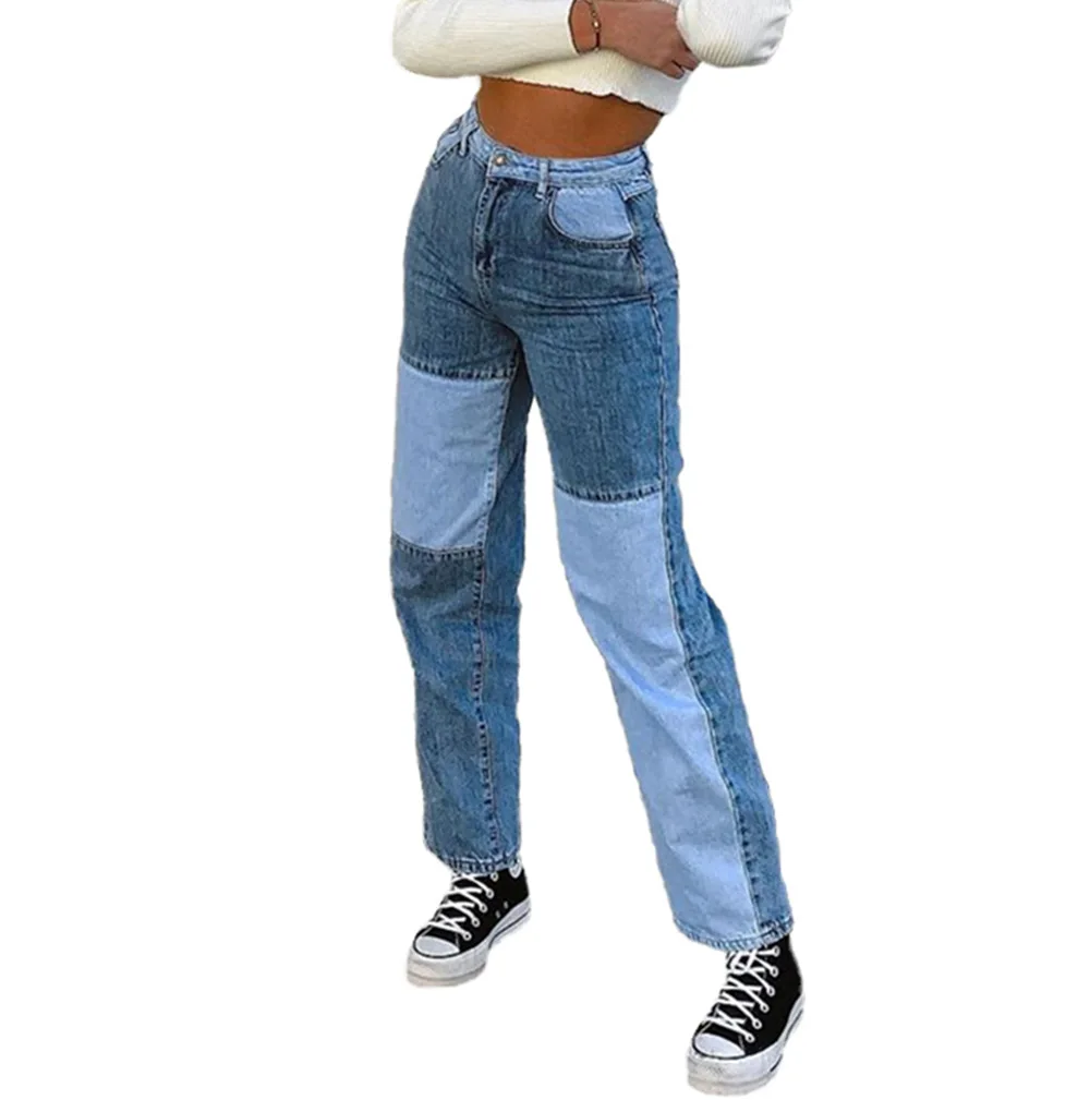 

Slimming and Elegant Splicing Spell Color Jeans. New Four Seasons Personality Trendy High-waisted Straight-leg Jeans for Women