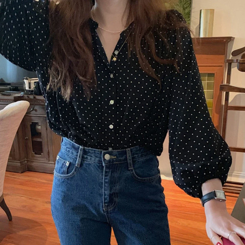 Chic-Retro Blouse Hepburn Style Lapel Contrast Color Polka Dot Design Loose Leisure All-Matching Long Sleeve Shirt For Women