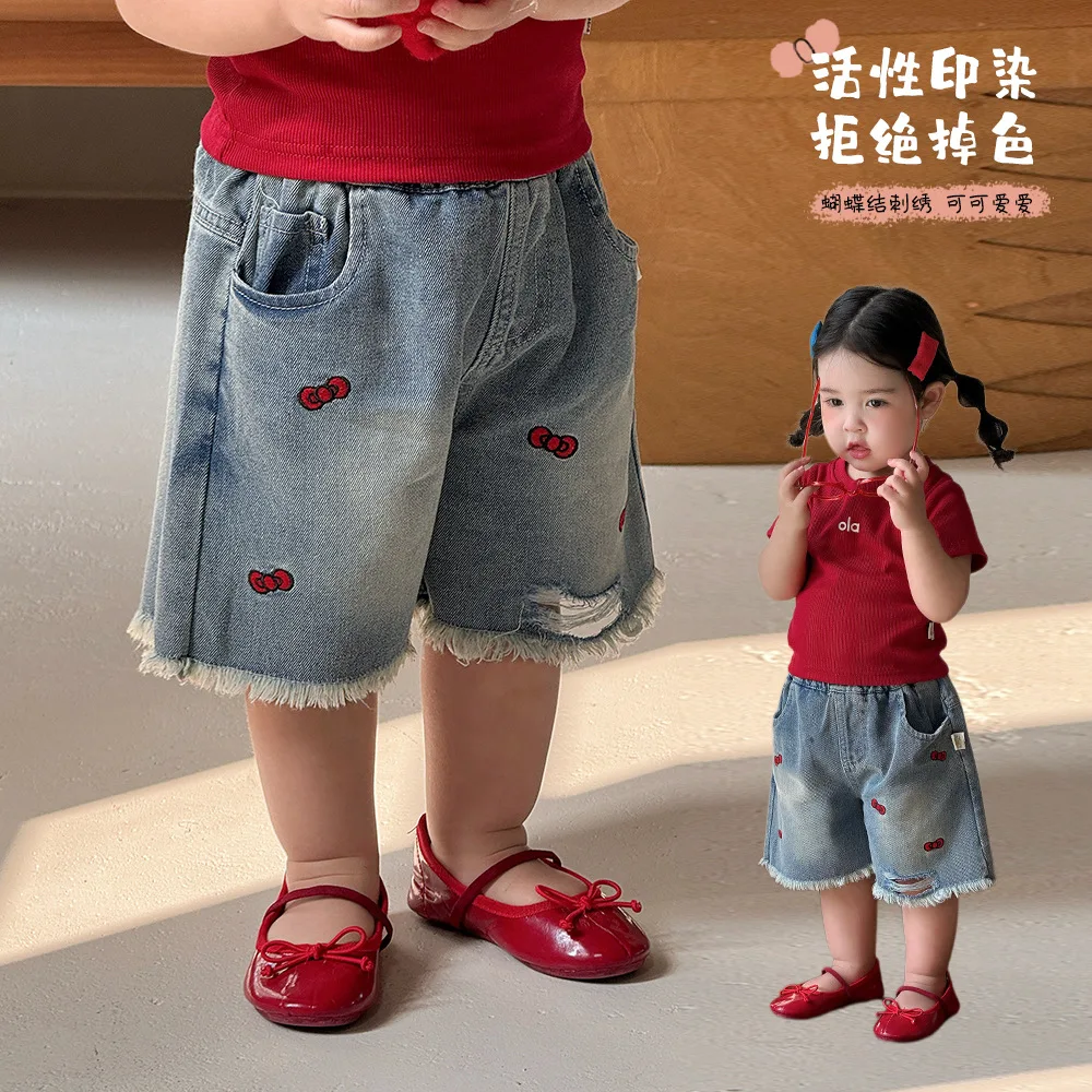 

2026 New Girls Summer Denim Shorts Cute Bow Embroidery Fashion Thin Casual Jean Shorts Toddler Kids Daily Outdoor Streetwear