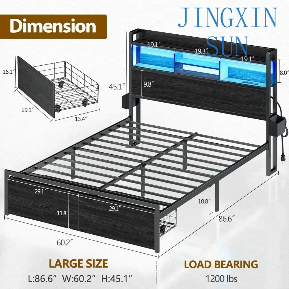 Nordic Queen Size Bed Frame with Wood Headboard and Storage Shelf, Metal Platform with Drawers 86.4Lx61Wx 44.9H