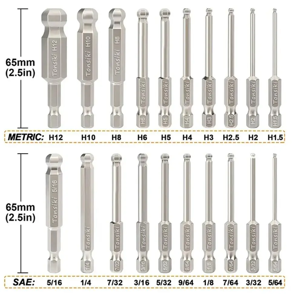 20Pcs Ball End Hex Head Allen ประแจเจาะบิตชุดแม่เหล็กเมตริก SAE Allen ไขควง S2 Hex Bit ชุดคีย์ Hex ซ็อกเก็ต Bits