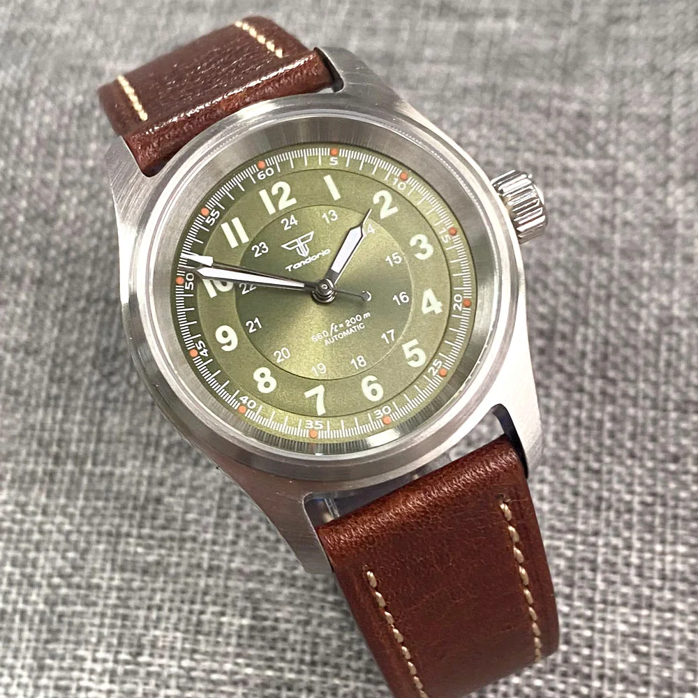 36mm Small Tandorio Pilot 20ATM Brushed Diving Military Sapphire Glass PT5000 NH35A Automatic Men\'s Watch Leather Strap Luminous