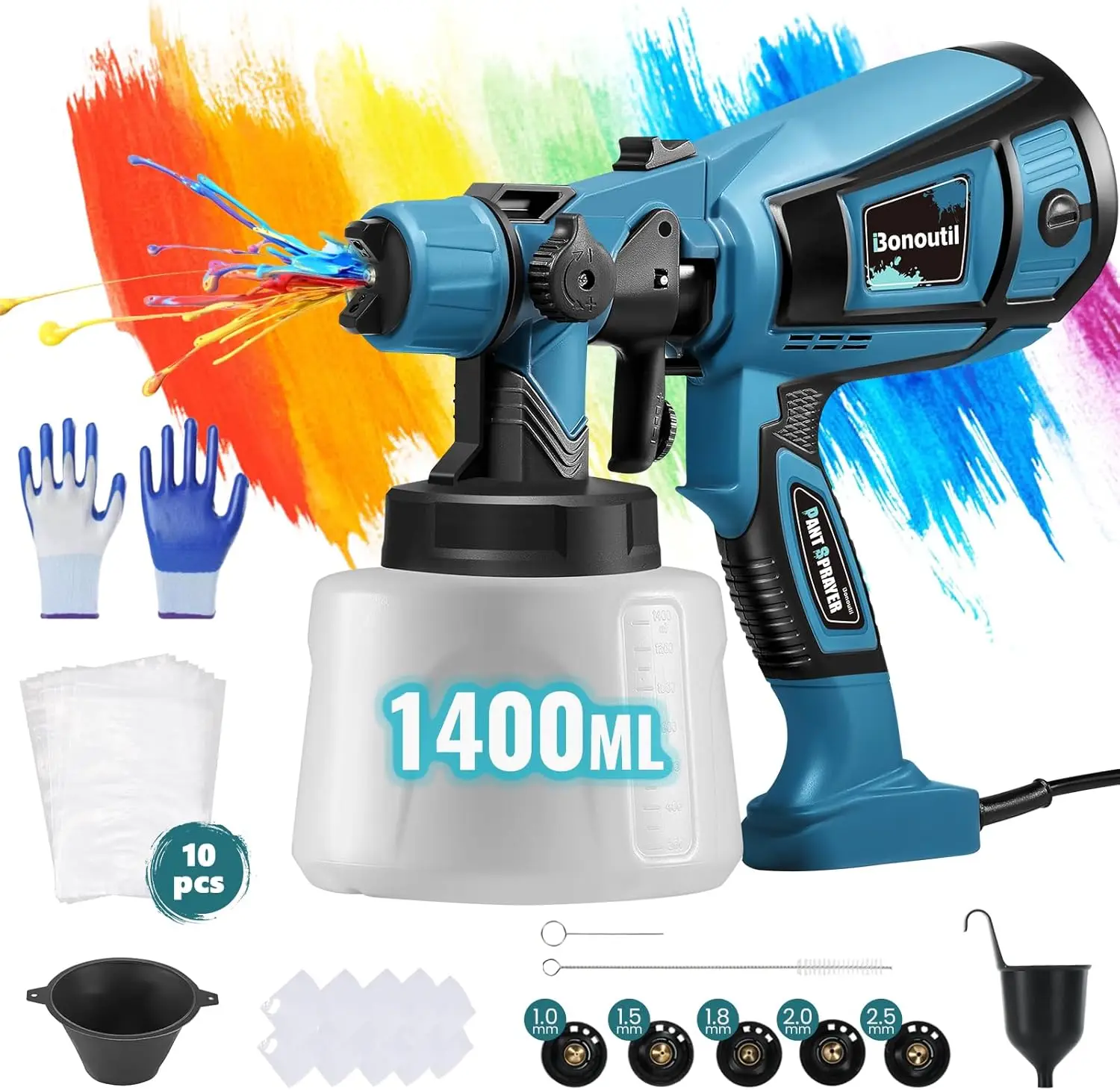 ctric Paint Sprayer Gun 1400Ml High Power Electric Spray Paint Gun 3 Spray Patterns 5 Nozzles Adjustable Flow Hvlp Paint