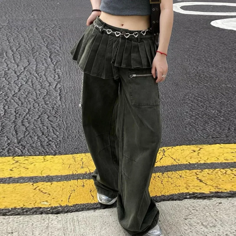 Oversized vintage vintage vintage irregular pleated skirt edges, two pairs of jeans, women's loose casual hanging pants