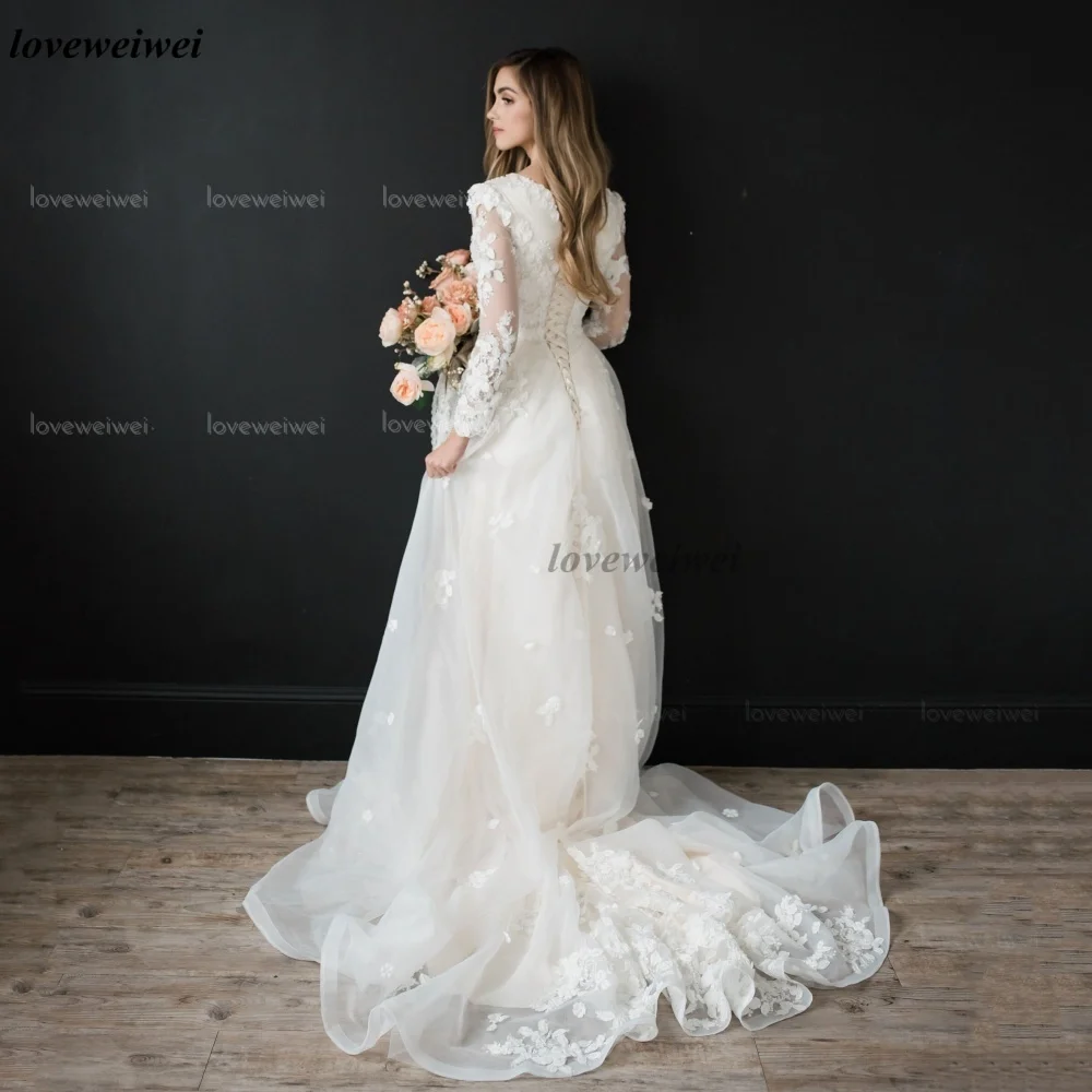 Customized Wedding Dress A Line Appliques Bride Dresses Long Sleeve O Neck Bridal Gowns Elegant Vestidos De Novia