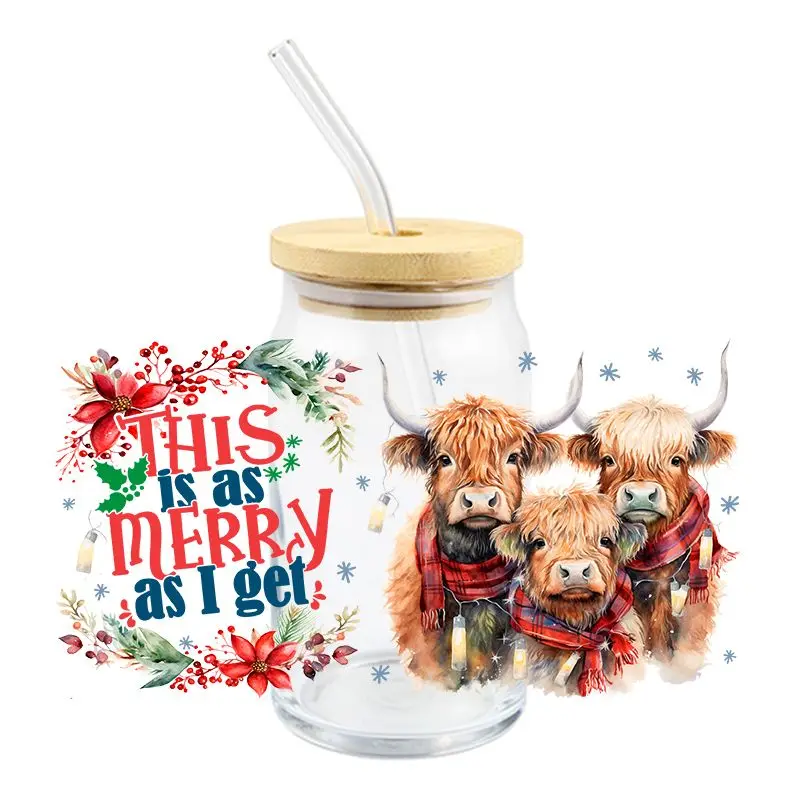 Christmas Cute Bull UV DTF Cup Wrap For 16oz Libbey Beer Glass Can Pretty Cows Cute Girly Cup Wrap Design UV DTF Sticker