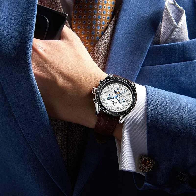 ONOLA 6835 Luxury Fully Automatic Movement Men's Watch Mechanical Calendar Moon Phase Waterproof Chronograph Watches for Men