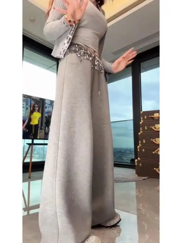 

Heavyweight Sequin Casual Pants Women's Loose Wide Leg Sweatpants High Waist Korean Style Commute Wind Summer Ladies Trousers