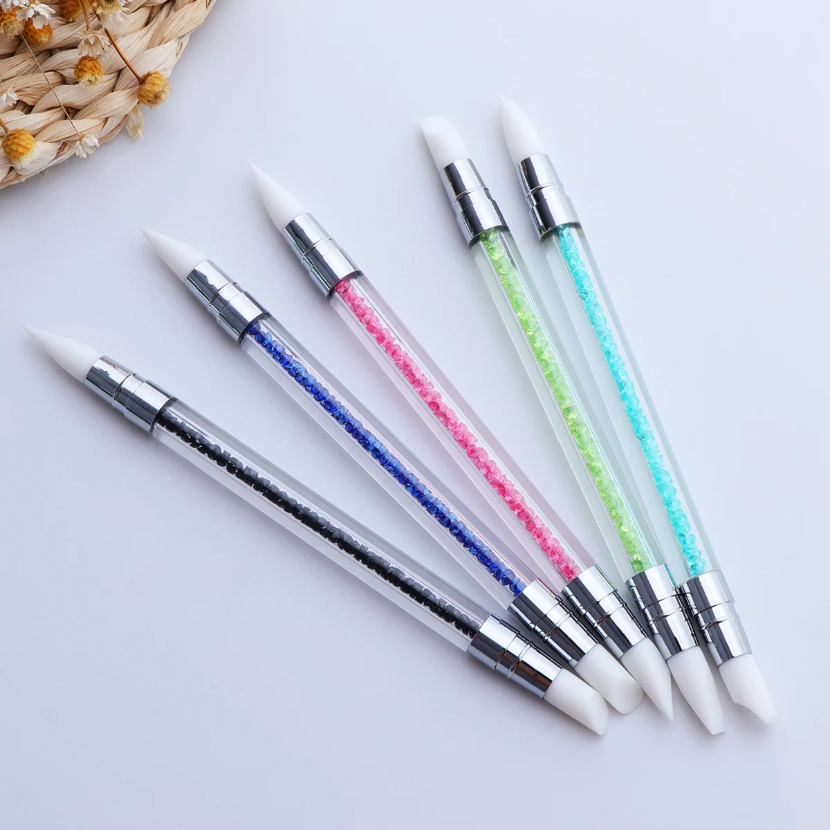 5 pezzi in silicone per nail art, penna per intaglio, angolo conico, punta a scalpello piatto per smalto gel, vernice acrilica, manico con strass, strumenti per nail art
