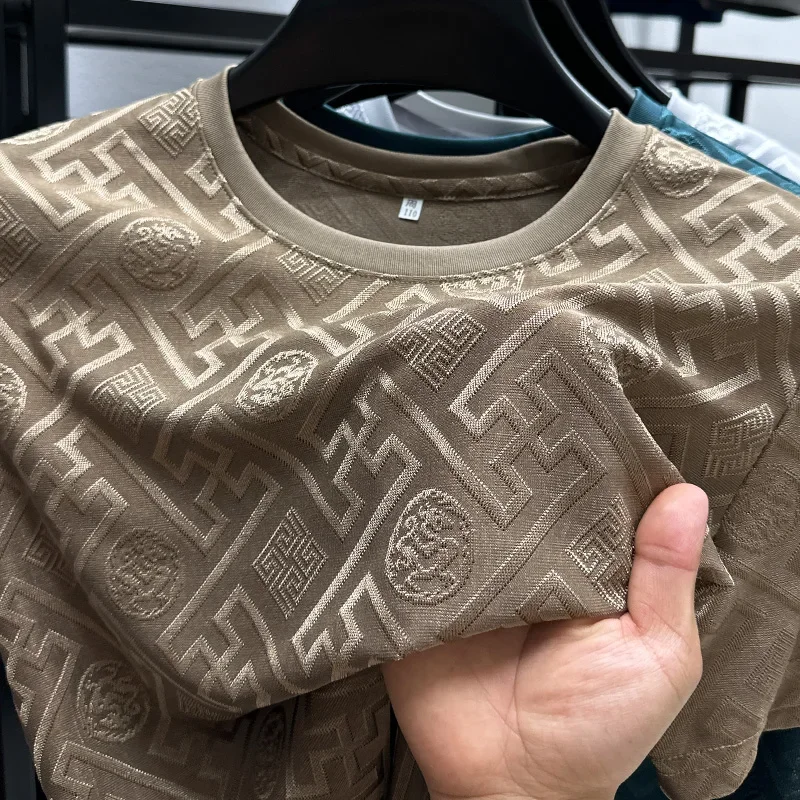 

Men's T-shirt 2025 new high-end design round neck exquisite jacquard short sleeved summer British fashion casual elastic men's c