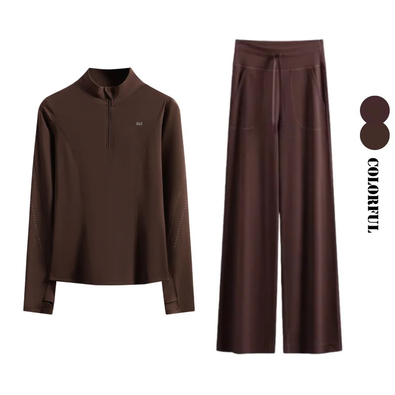 DRUR Women's Tracksuit Sets With Long Sleeve Yoga Top and Elastic Waist Wide Leg Pants with Pocket Casual Sportswear For Running