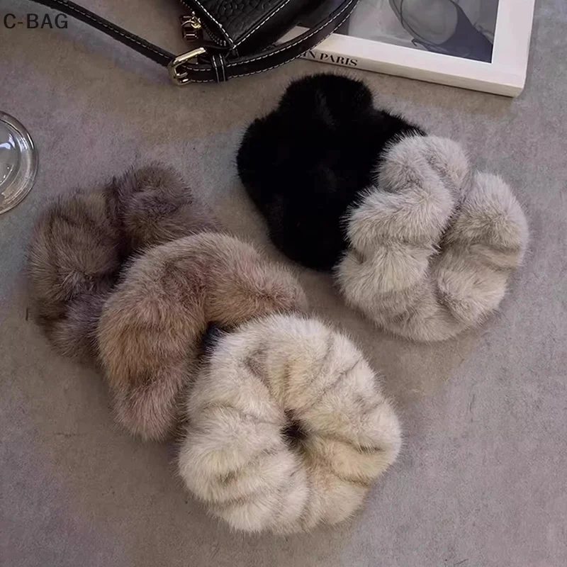 حبل شعر قطيفة عصرية للخريف والشتاء؛ ربطة رأس من المينك المقلد الرائع للنساء