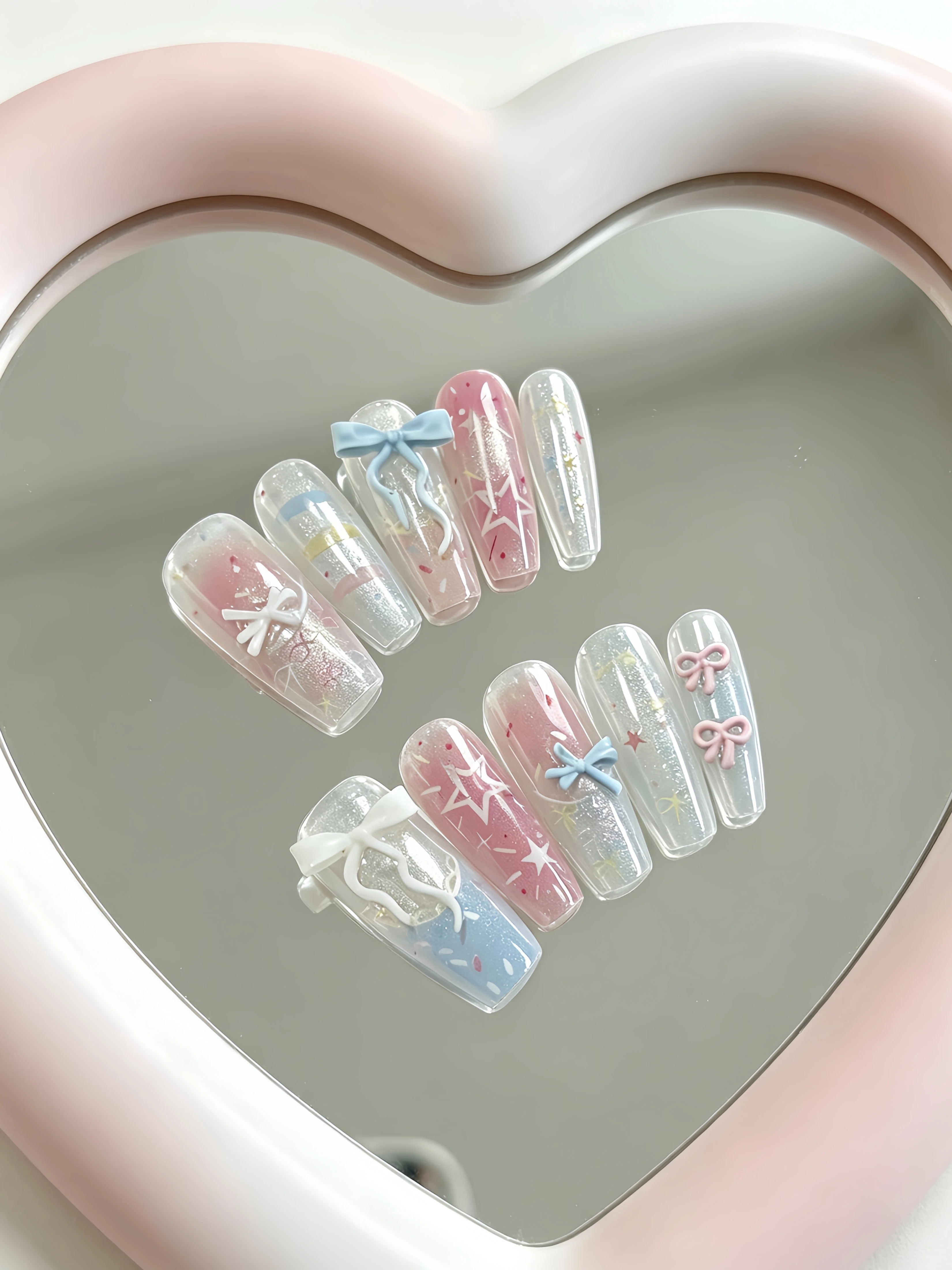 10-Piece Set of Medium-Sized Trapezoidal Nails, Milky White and Pink Blue Gradient Cat-Eye Press-On Nails, French-Style Ins-Style Star and Bow Silver Glitter Nail Tips, Sweet and Cute Nail Stickers for Students, Versatile and Transparent Korean-Style Ins-Style Fake Nails for Dating, Travel, Spring and Summer