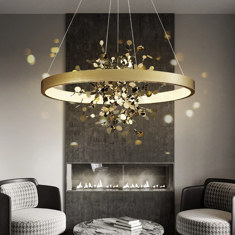 Modern Gold Ceiling Chandelier for Dining Room Copper Round Ring Pendant Lights for Cloth Store Coffee Room Decor