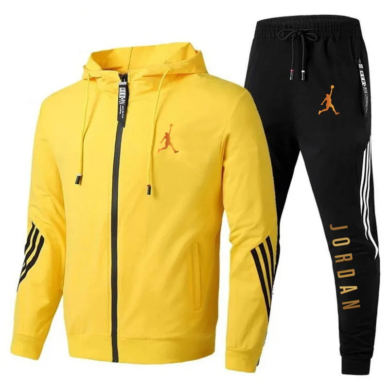 Fashion Tracksuit Men Suit Autumn New Zipper Cardigan Jacket+Sweatpants Stripe Running Fitness Basketball Jogging 2 Piece Set