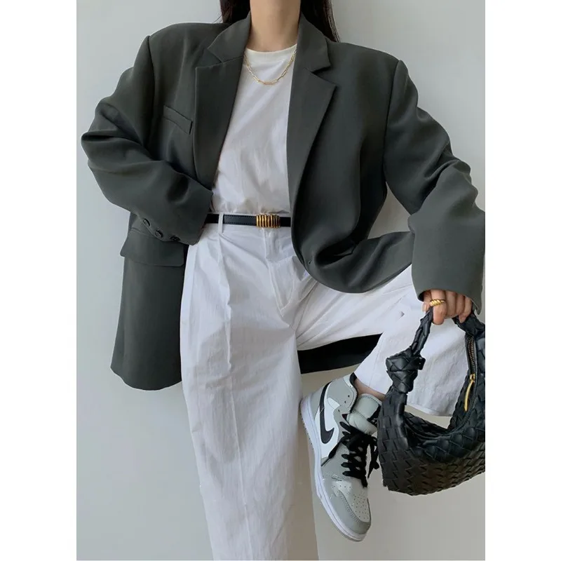Luxury Black Gray Blazer Women Suit Office Ladies Long Sleeve Spring Autumn Jacket Single Button Korean Chic Jacket Loose Casual