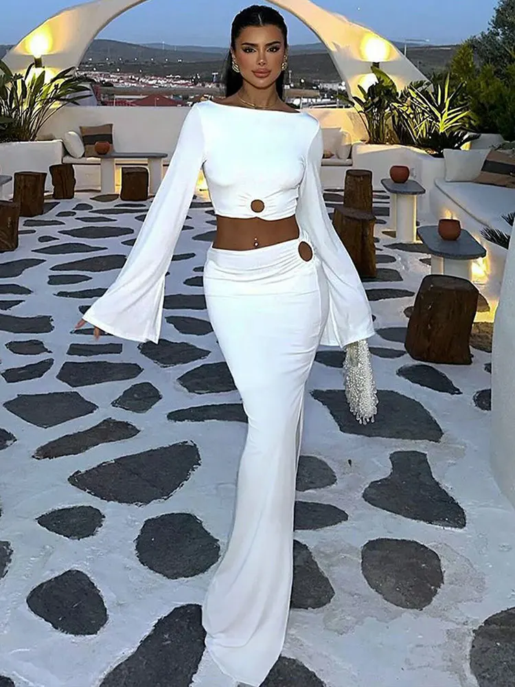 GACVGA Hollow Out Sexy Two Piece Sets Women Backless Long Sleeve T-shirt Top And Maxi Skirt Matching Set Sexy Split Skirt Set