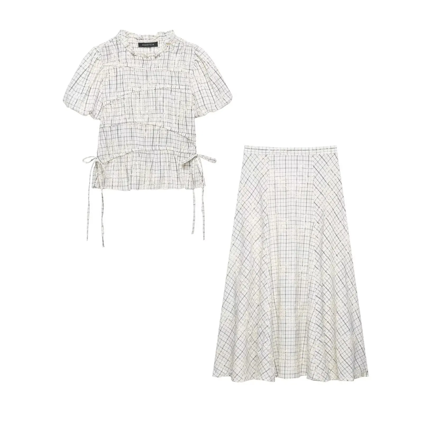 

Women's Plaid Embroidered Bow Top Skirt Women Plaid Ruffle Neck Puff Sleeve Drawstring Top High Waist Skirt Casual Outfit 3QB3