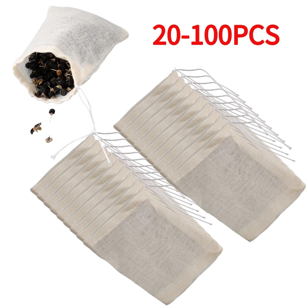 20Pcs Thee Zakken Food Grade Katoen Gaas Thee Filter Zakken Voor Spice Thee-ei Met String Genezen Seal Spice filters Theezakjes