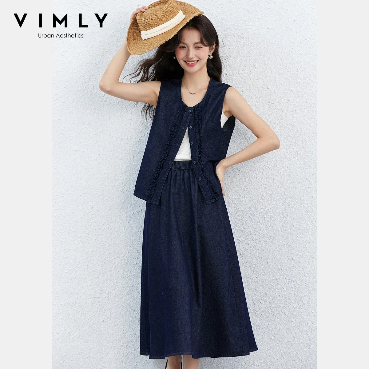 

Женский повседневный джинсовый комплект VIMLY: новинка весны 2026 – топ без рукавов с круглым вырезом и юбка А-силуэта миди, комплект из двух предметов для офиса A3832