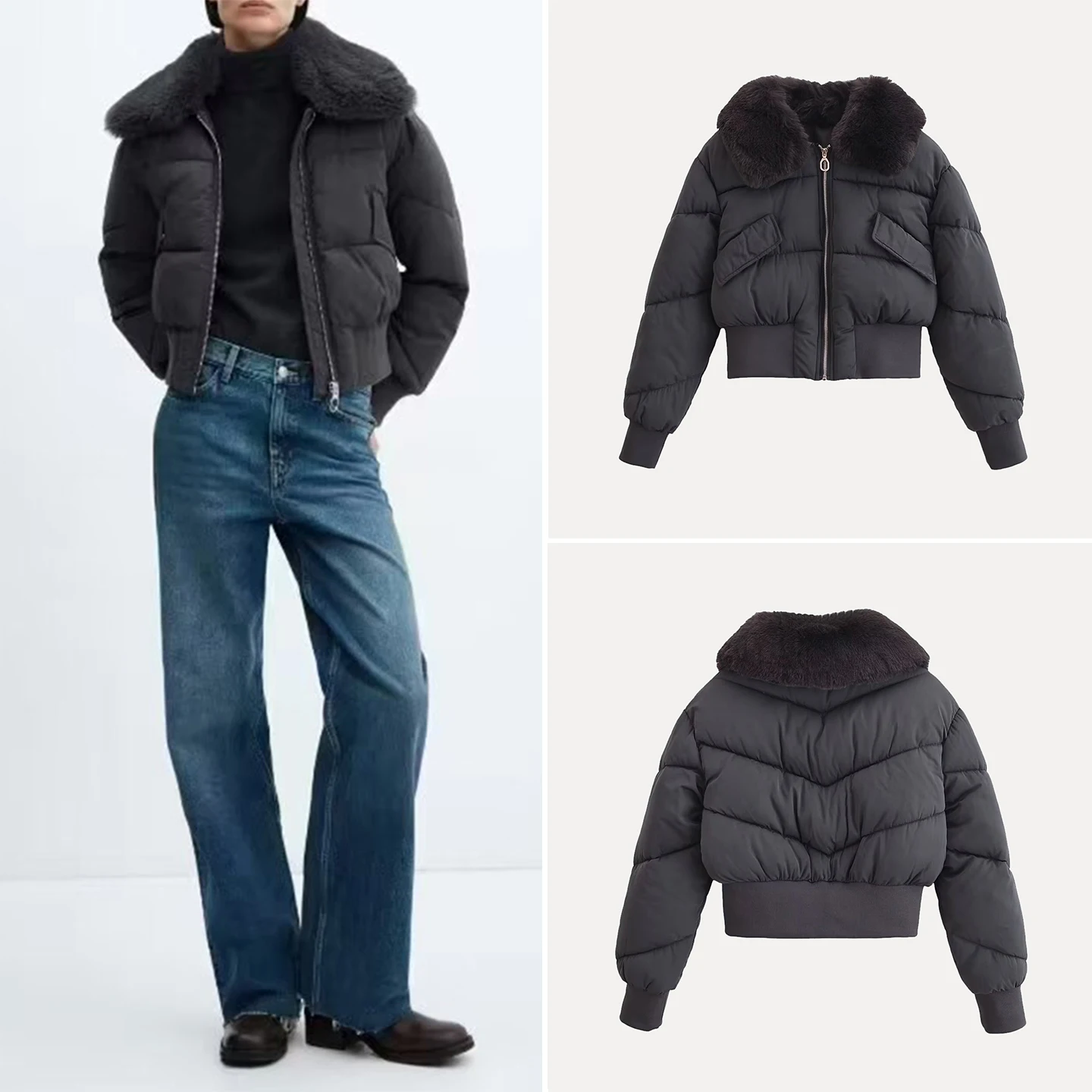 

Faionable ort Coat 2025 Autumn New Women's Long Sve Detachable Fur Collar Jaet with Hat Cotton Clothes Z Brand