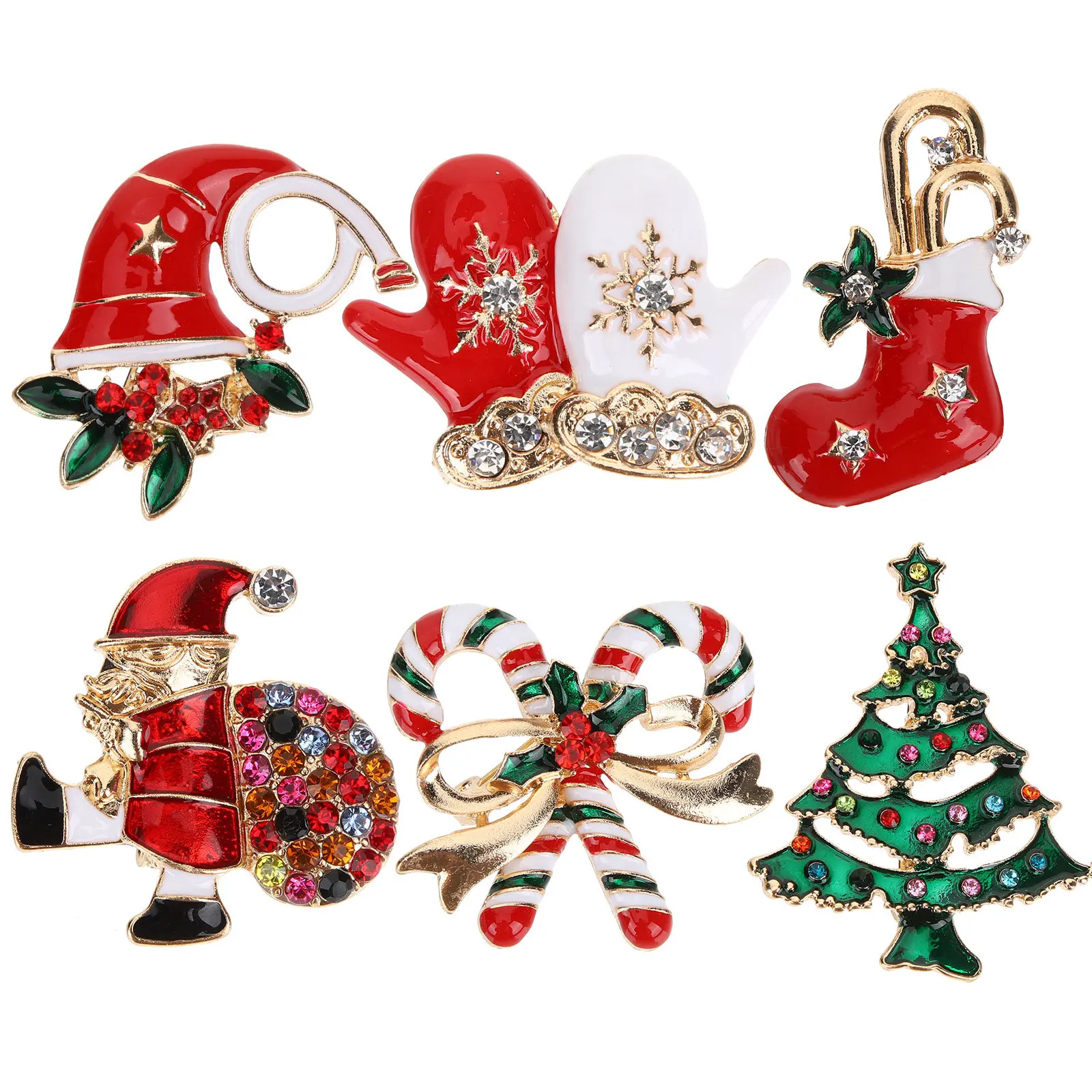 6Pcs Christmas Brooch Pins Set Rhinestone Crystal Durable Metal Lapel Pins Party Holiday Accessories Clothing Decorations