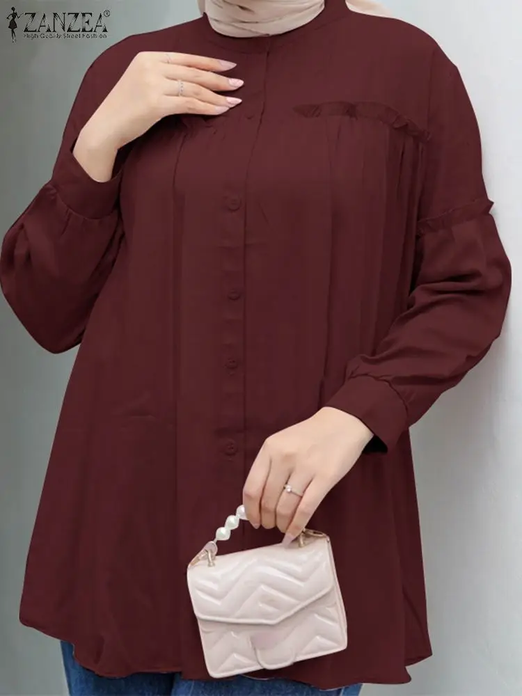 

ZANZEA Women Muslim Fashion Blouse Long Sleeve Shirt Causal Tops Turkey Abaya Islamic Clothing Elegant Ruffle Blusas Mujer Femme