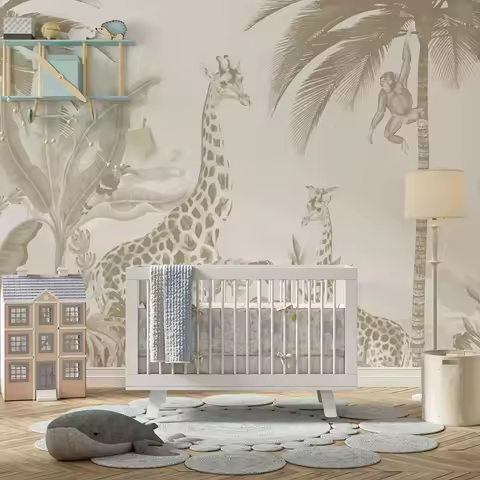 Kids Safari Jungle Animals Wallpaper,Regular Giraffe Nursery Mural Paper,Kids Jungle Themed Wall Mural For Children's Room Decor