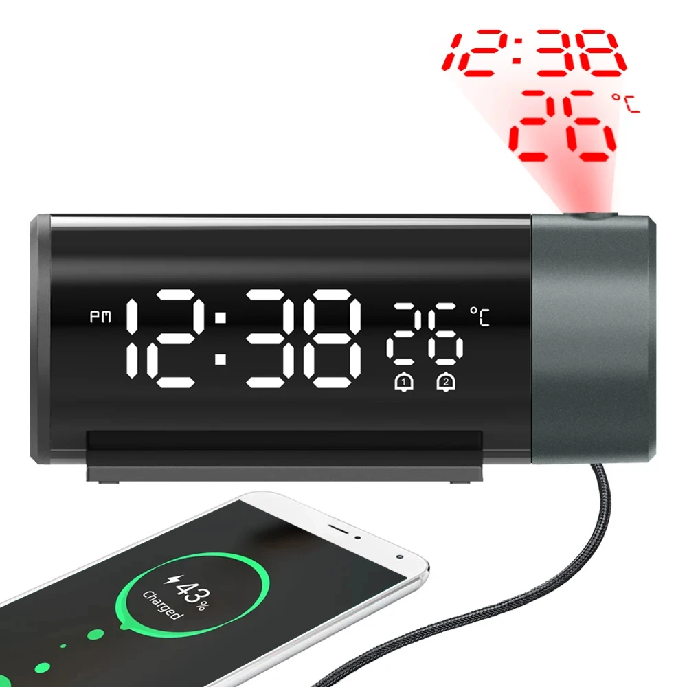 

LED Temperature Digital Alarm Clock Night Projection 180° Rotating USB Electronic Bedroom Bedside Clock 3D Wall Snooze Function