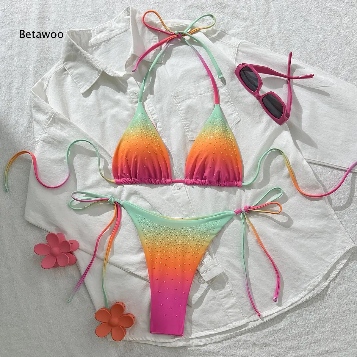 Gradient Ombre Rhinestone Halter Triangle Bikini Swimsuit