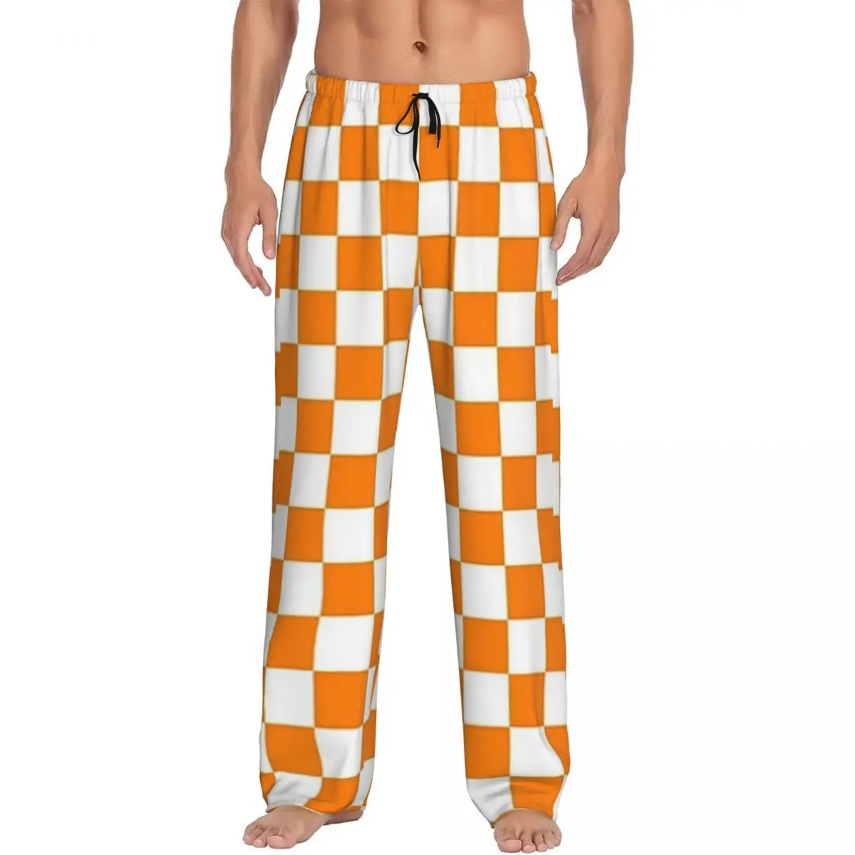 Custom Orange White Checkered Pattern Pajama Pants Men Sleepwear Sleep Lounge Bottoms with Pockets