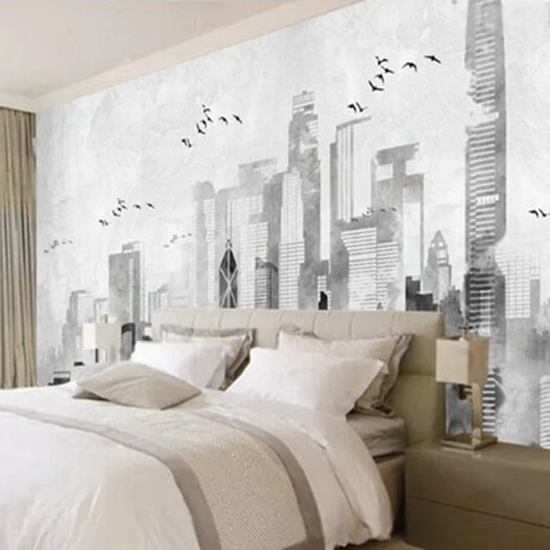 MU9022 Modern simple and fresh ink-wash hand-painted urban custom TV living room background wall paper
