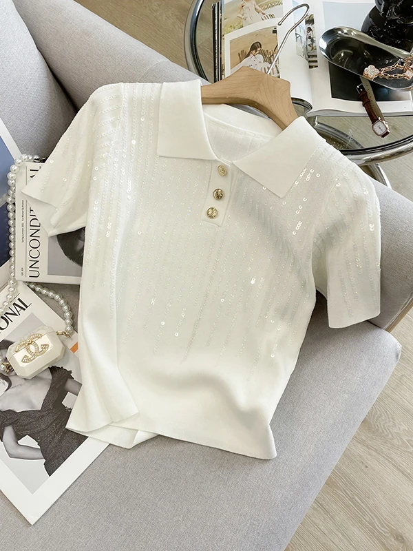 

Slim Fit Ice Silk Knitted ort Sve T-irt Women's Summer New Sle High Waist Turn-down Collar Knitwear Faionable Brig...