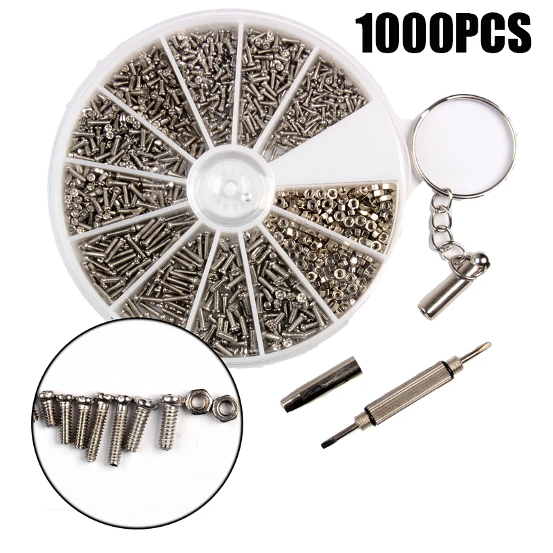 1000Pcs/lot Stainless Steel Screws Set +1PC Screwdriver Micro Mobile Phone Glasses Screws Bolts and Nuts Kit DIY Boxs M1-M1.6