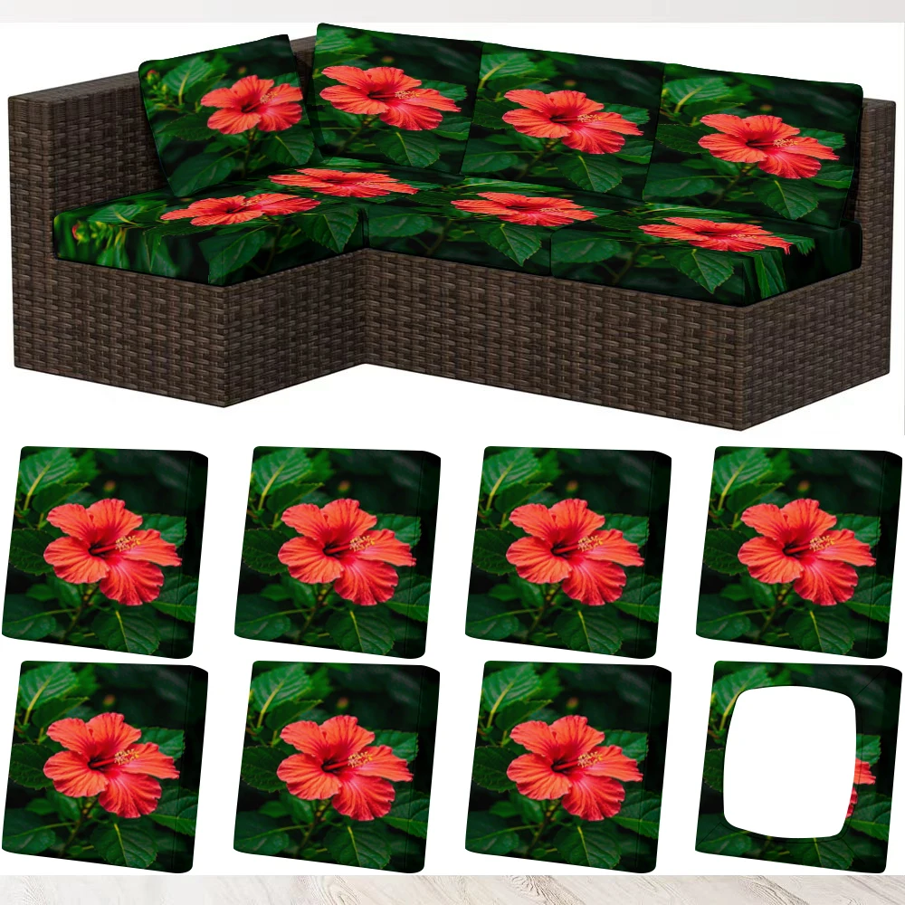 Summer Outdoor Sofa Cover with Red Hibiscus Flower Print, Elastic Milk Silk Slipcover for Indoor/Outdoor Use,