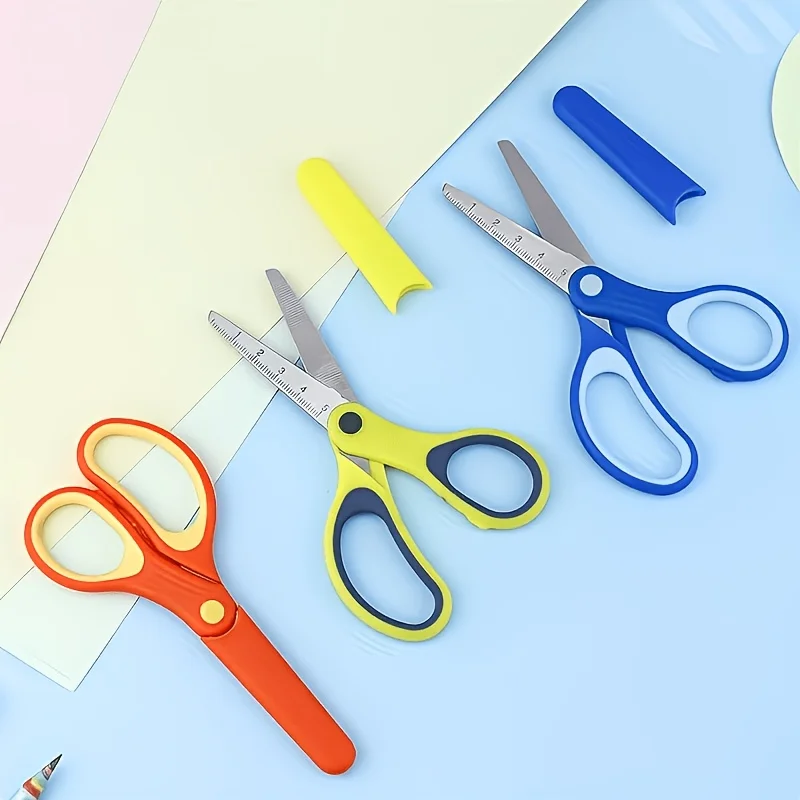 1pc Student Safety Scissors Set - Blunt Tip, Ruler and Protective Cover, Soft Grip, for Craft, and School Use
