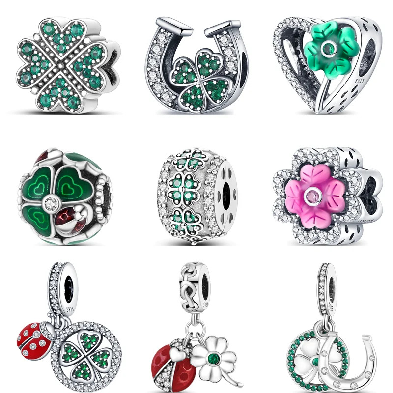 

Новый серебро 925, зеленый циркон, четыре листа клевера, подкова, божья коровка, счастливые сверкающие бусины, подходят для браслета-подвески Pantaro, женские ювелирные изделия