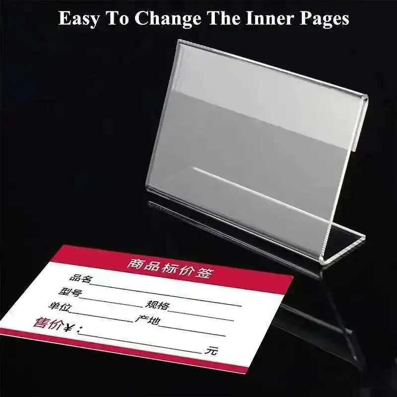 10 sztuk/partia L kształt Mini akrylowy uchwyt na znak stojak cena etykieta z nazwą etui na karty